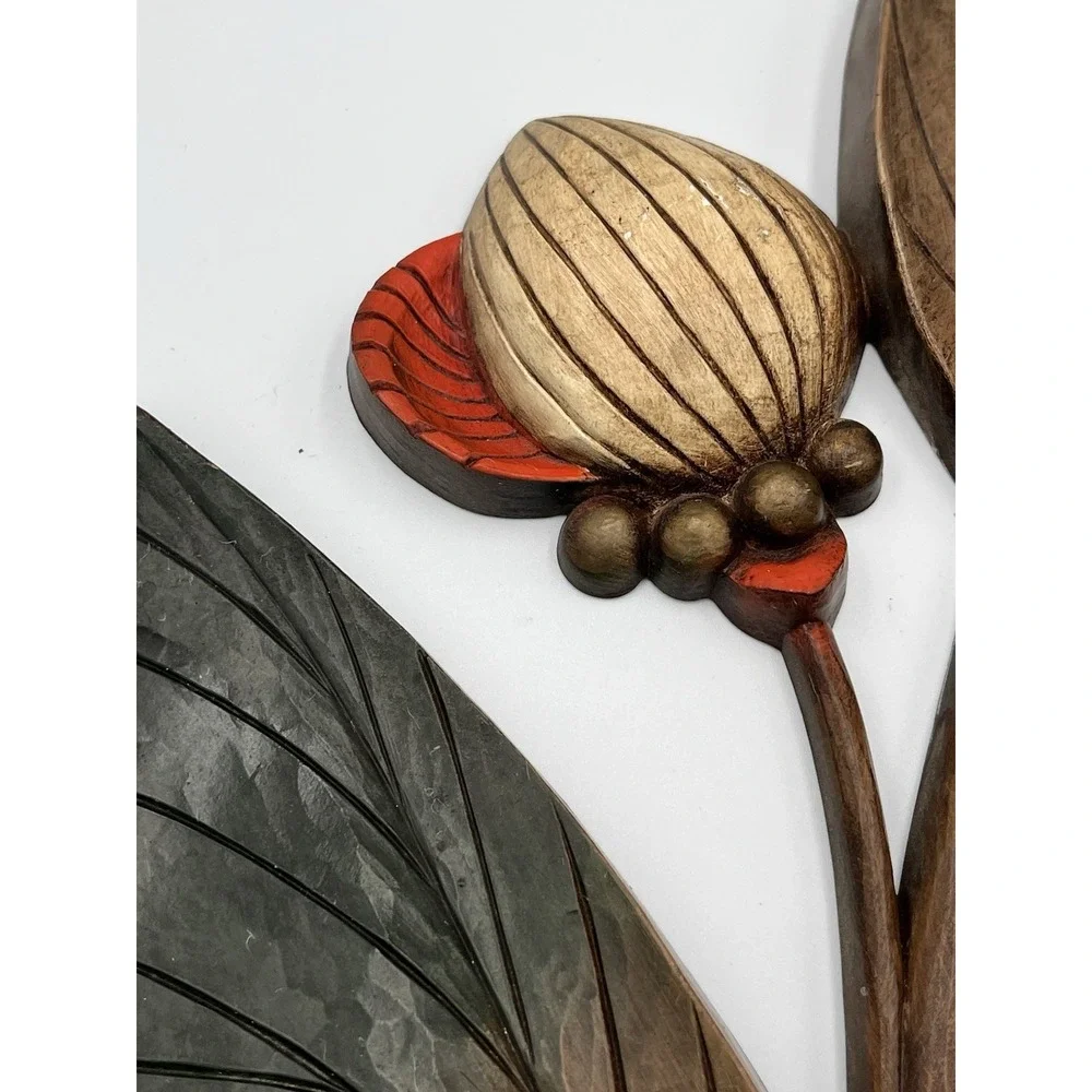 MCM Syroco Flower Wall Hanging Plaque Wood Grain Orange Green Leaves 1964 VTG